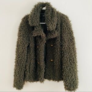Vero Moda Green Fuzzy Faux Fur Open Front Double Breasted Jacket